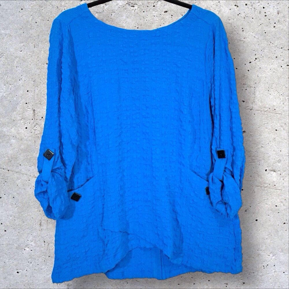 NEW Ali Miles Crinkled Tunic Top Medium Blue Roll Tab Lagenlook Button Detail
